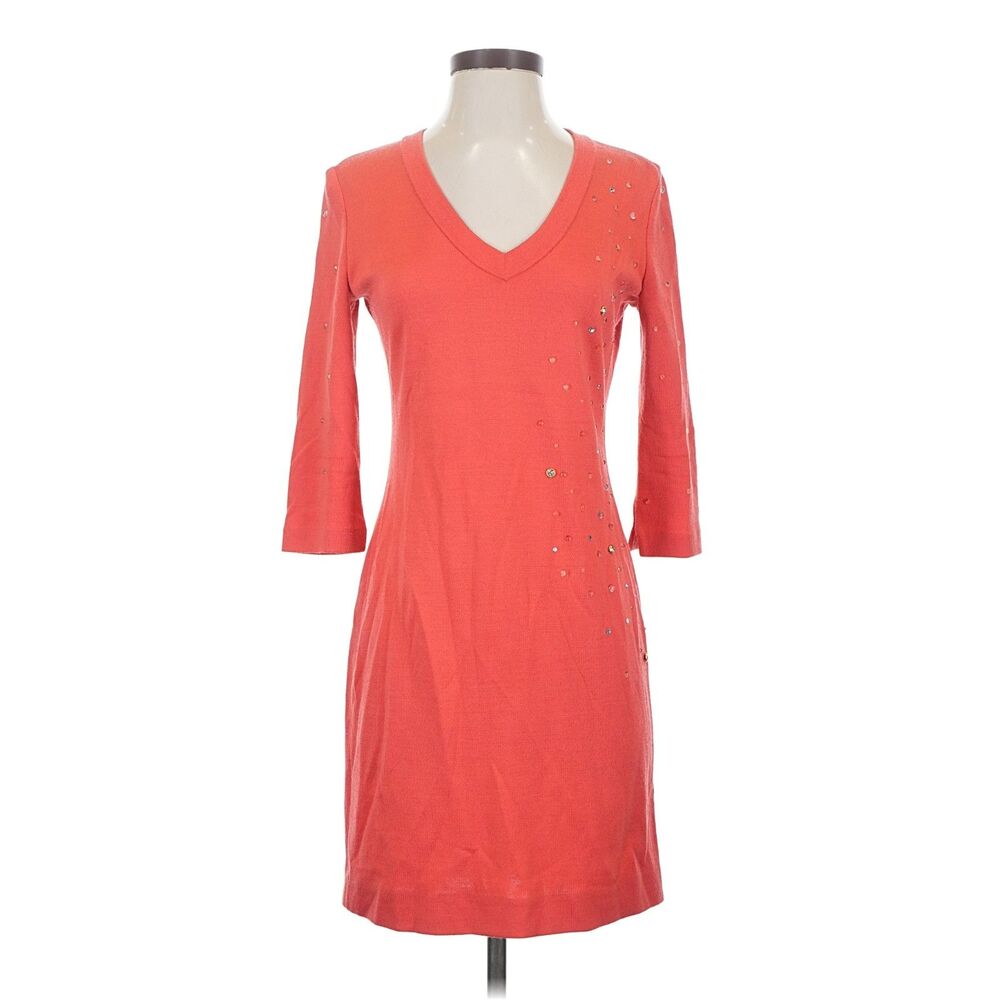 St John Pink Crystal Embellished V Neck Knit Dress Size 2